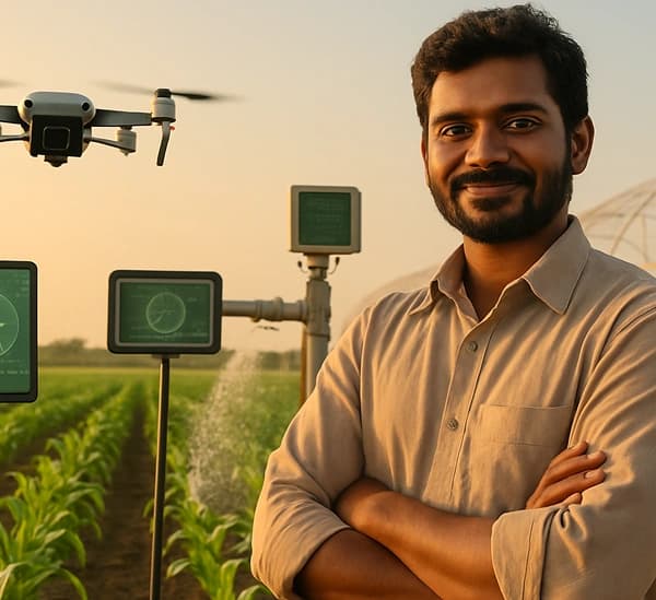 Farmer using tablet in field with drone and IoT sensors