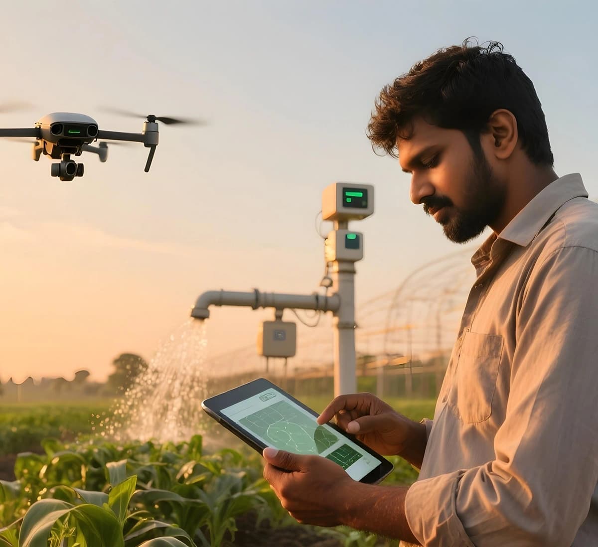 Farmer using tablet in field with drone and IoT sensors